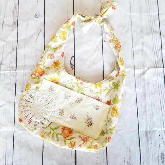 Boho Cottage Core Sling Bag Vintage Linens Reversible - Picture 1 of 5